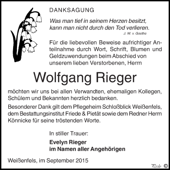 Traueranzeige von Wolfgang Rieger von WVG - Wochenspiegel NMB / WSF / ZTZ