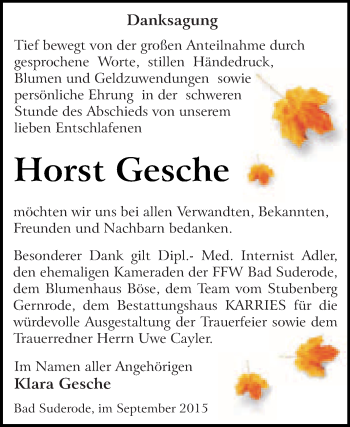 Traueranzeige von Horst Gesche von WVG - Wochenspiegel Quedlinburg
