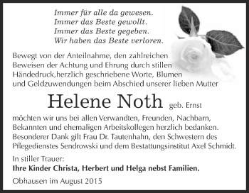 Traueranzeige von Helene Noth von Super Sonntag Merseburg