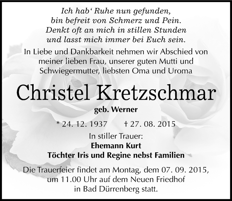  Traueranzeige für Christel Kretzschmar vom 02.09.2015 aus Mitteldeutsche Zeitung Merseburg/Querfurt