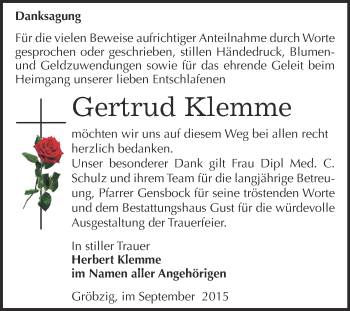 Traueranzeige von Gertrud Klemme von WVG - Wochenspiegel Dessau / Köthen