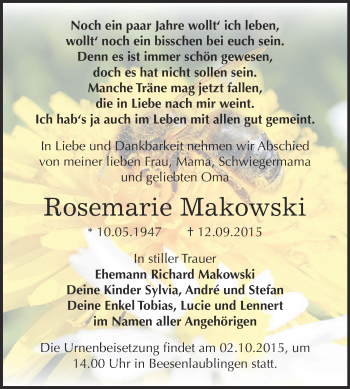 Traueranzeige von Rosemarie Makowski von Super Sonntag Bernburg