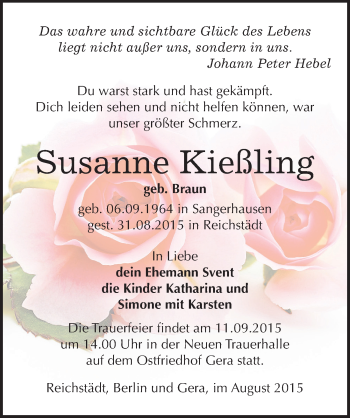 Traueranzeige von Susanne Kießling von Mitteldeutsche Zeitung Sangerhausen