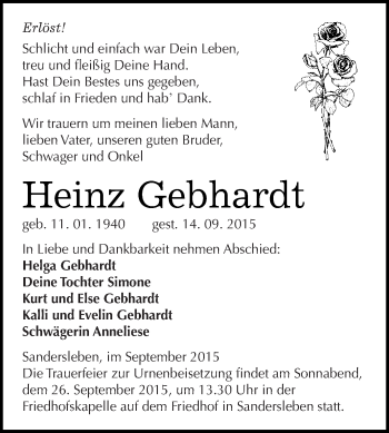 Traueranzeige von Heinz Gebhardt von Wochenspiegel Mansfelder Land