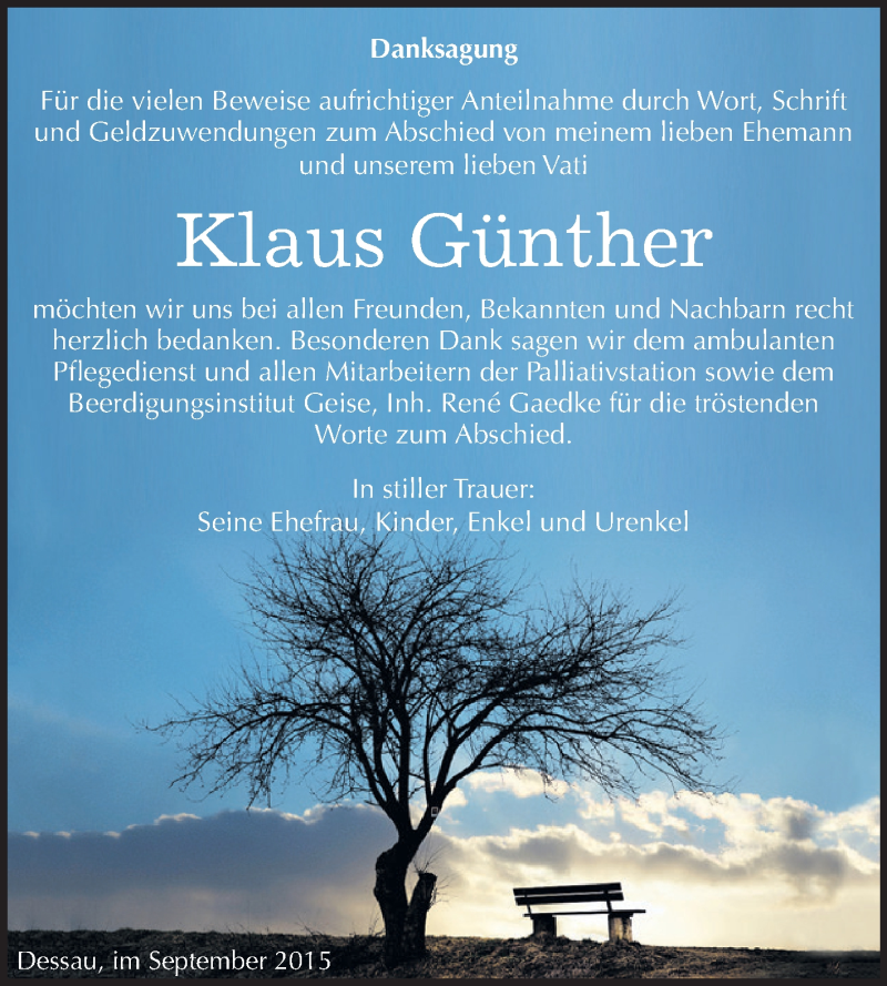  Traueranzeige für Klaus Günther vom 12.09.2015 aus WVG - Wochenspiegel Dessau / Köthen