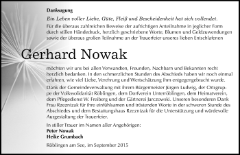 Traueranzeige von Gerhard Nowak von Mitteldeutsche Zeitung Mansfelder Land