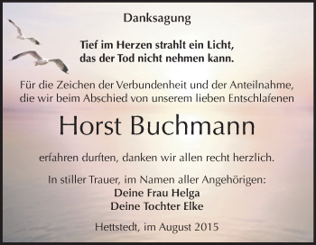 Traueranzeige von Horst Buchmann von Wochenspiegel Mansfelder Land