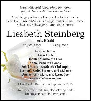 Traueranzeige von Liesbeth Steinberg von WVG - Wochenspiegel SGH