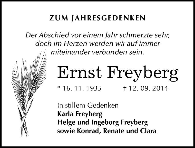 Traueranzeige für Ernst Freyberg vom 12.09.2015 aus Mitteldeutsche Zeitung Sangerhausen