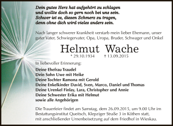 Traueranzeige von Helmut Wache von WVG - Wochenspiegel Dessau / Köthen