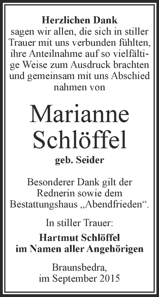  Traueranzeige für Marianne Schlöffel vom 26.09.2015 aus WVG - Wochenspiegel Merseburg