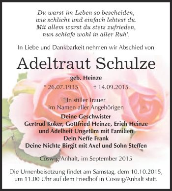 Traueranzeige von Adeltraut Schulze von Super Sonntag Wittenberg