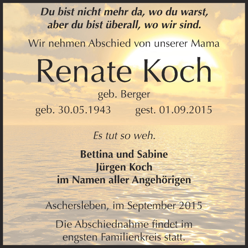  Traueranzeige für Renate Koch vom 09.09.2015 aus Super Sonntag Aschersleben