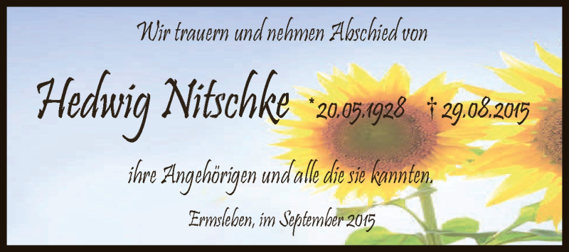 Traueranzeige für Hedwig Nitschke vom 02.09.2015 aus Super Sonntag Aschersleben