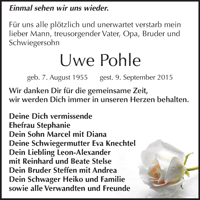  Traueranzeige für Uwe Pohle vom 12.09.2015 aus Super Sonntag Zeitz