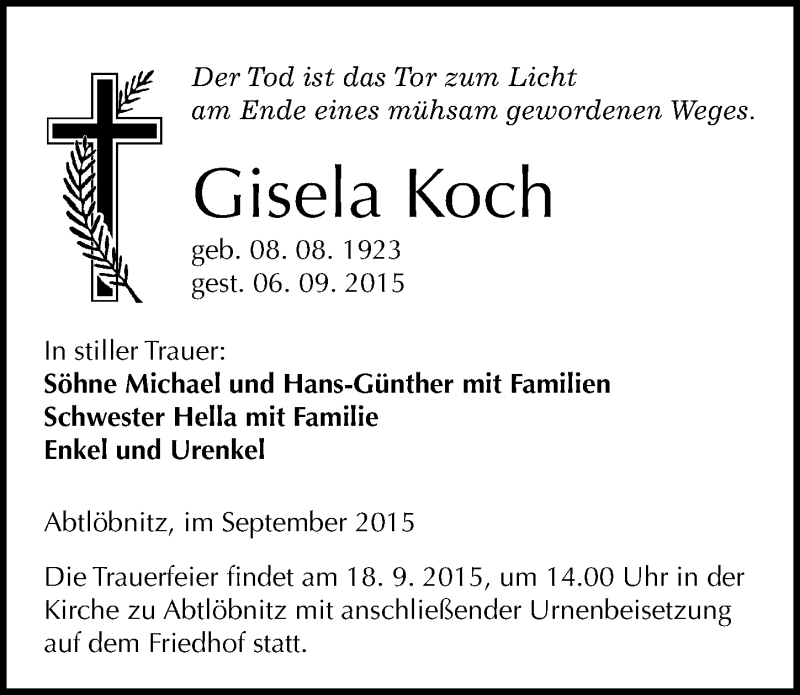  Traueranzeige für Gisela Koch vom 14.09.2015 aus Mitteldeutsche Zeitung Naumburg/Nebra