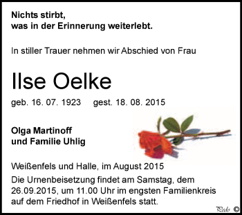 Traueranzeige von Ilse Oelke von WVG - Wochenspiegel NMB / WSF / ZTZ