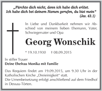 Traueranzeige von Georg Wonschik von WVG - Wochenspiegel Dessau / Köthen