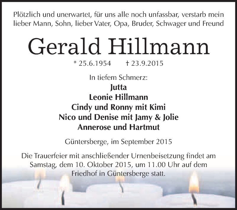  Traueranzeige für Gerald Hillmann vom 26.09.2015 aus WVG - Wochenspiegel Quedlinburg