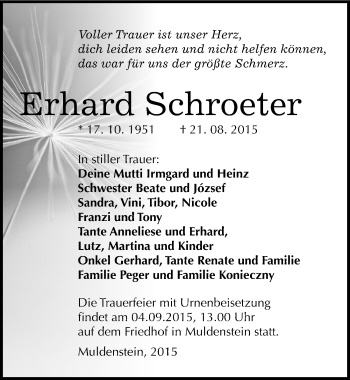 Traueranzeige von Erhard Schroeter von Mitteldeutsche Zeitung Bitterfeld