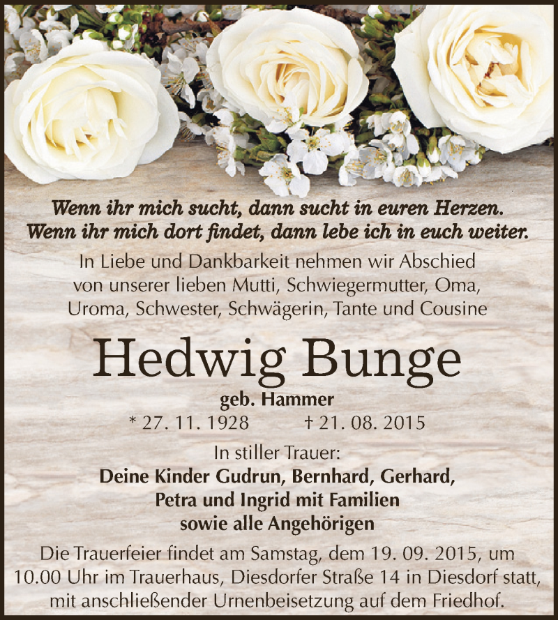  Traueranzeige für Hedwig Bunge vom 02.09.2015 aus WVG - Wochenspiegel Dessau / Köthen