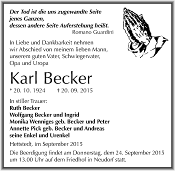 Traueranzeige von Karl Becker von Mitteldeutsche Zeitung Mansfelder Land