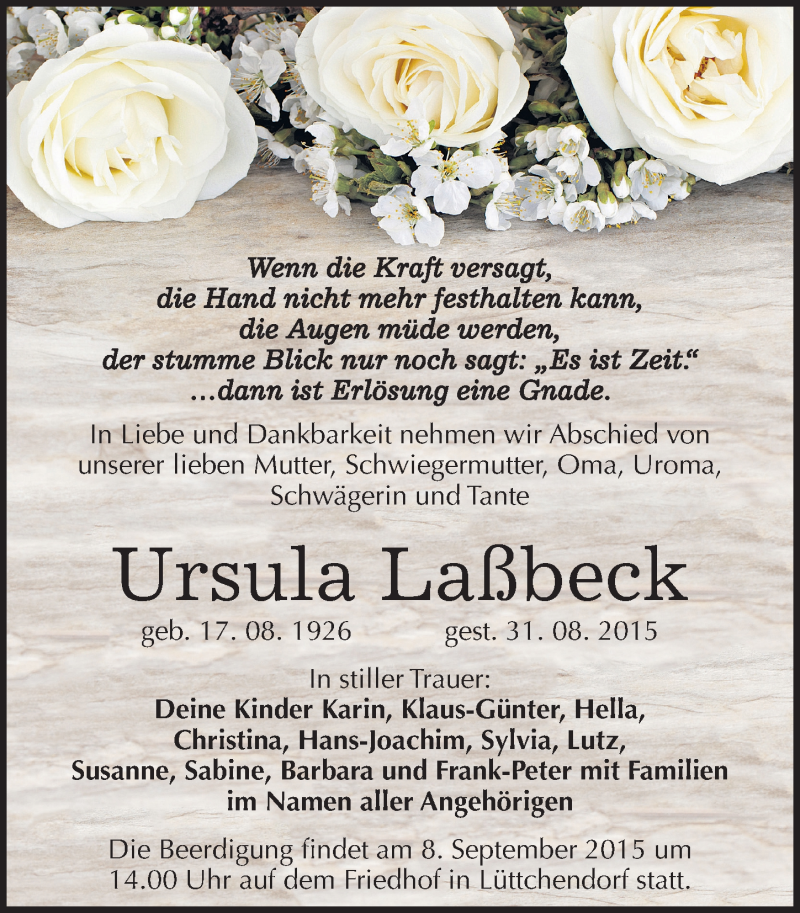  Traueranzeige für Ursula Laßbeck vom 05.09.2015 aus Mitteldeutsche Zeitung Halle/Saalkreis