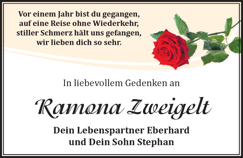  Traueranzeige für Ramona Zweigelt vom 03.09.2015 aus Mitteldeutsche Zeitung Zeitz