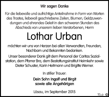 Traueranzeige von Lothar Urban von WVG - Wochenspiegel NMB / WSF / ZTZ