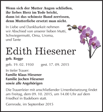 Traueranzeige von Edith Hiesener von Mitteldeutsche Zeitung Quedlinburg