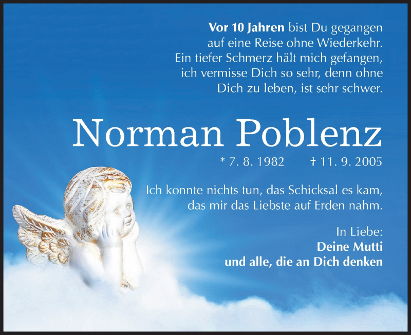  Traueranzeige für Norman Poblenz vom 11.09.2015 aus Mitteldeutsche Zeitung Halle/Saalkreis
