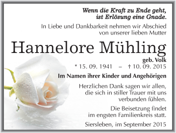 Traueranzeige von Hannelore Mühling von Mitteldeutsche Zeitung Mansfelder Land