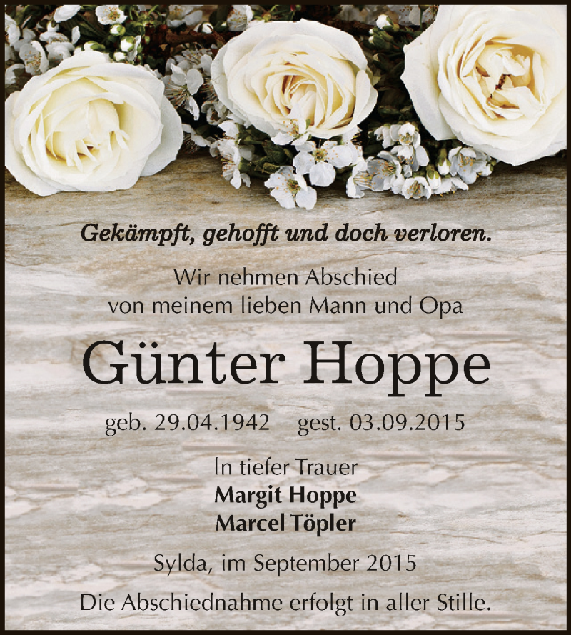  Traueranzeige für Günter Hoppe vom 09.09.2015 aus Super Sonntag Aschersleben