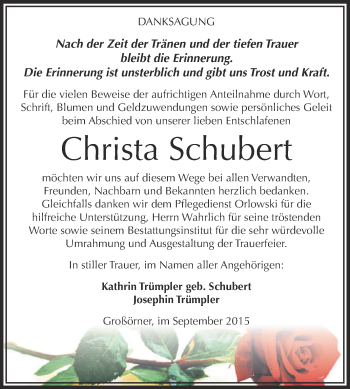 Traueranzeige von Christa Schubert von Wochenspiegel Mansfelder Land