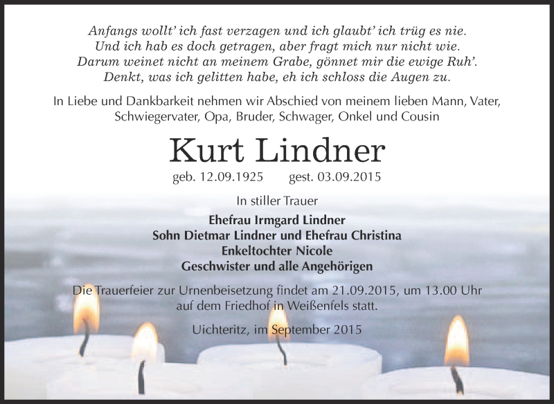  Traueranzeige für Kurt Lindner vom 16.09.2015 aus WVG - Wochenspiegel NMB / WSF / ZTZ