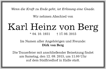 Traueranzeige von Karl Heinz von Berg von Mitteldeutsche Zeitung Halle/Saalkreis