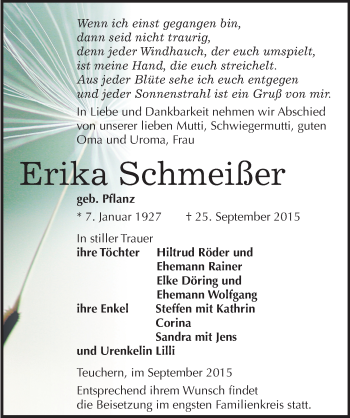 Traueranzeige von Erika Schmeißer von Mitteldeutsche Zeitung Weißenfels