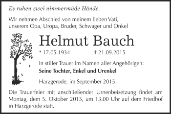 Traueranzeige von Helmut Bauch von WVG - Wochenspiegel Quedlinburg