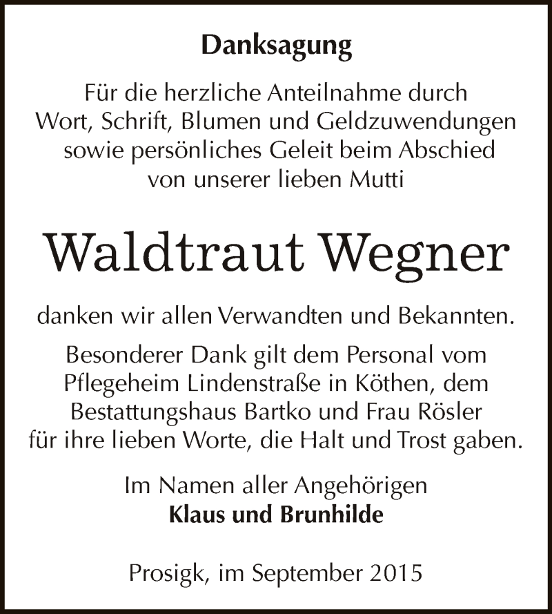  Traueranzeige für Waldtraut Wegner vom 19.09.2015 aus WVG - Wochenspiegel Dessau / Köthen
