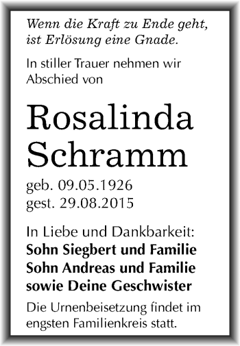 Traueranzeige von Rosalinda Schramm von Mitteldeutsche Zeitung Weißenfels
