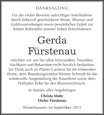 Traueranzeige von Gerda Fürstenau von WVG - Wochenspiegel Quedlinburg