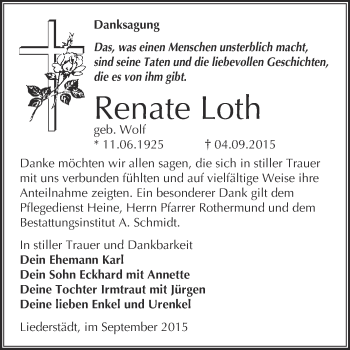Traueranzeige von Renate Loth von WVG - Wochenspiegel Merseburg
