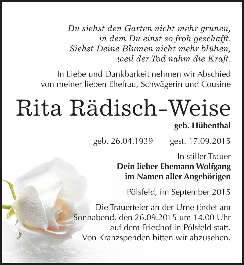  Traueranzeige für Rita Rädisch-Weise vom 22.09.2015 aus Mitteldeutsche Zeitung Sangerhausen