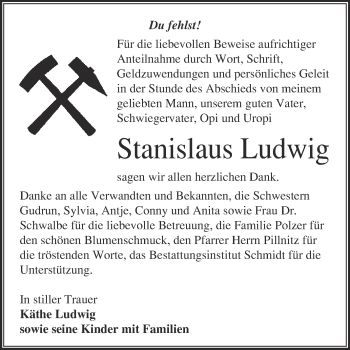 Traueranzeige von Stanislaus Ludwig von WVG - Wochenspiegel Merseburg