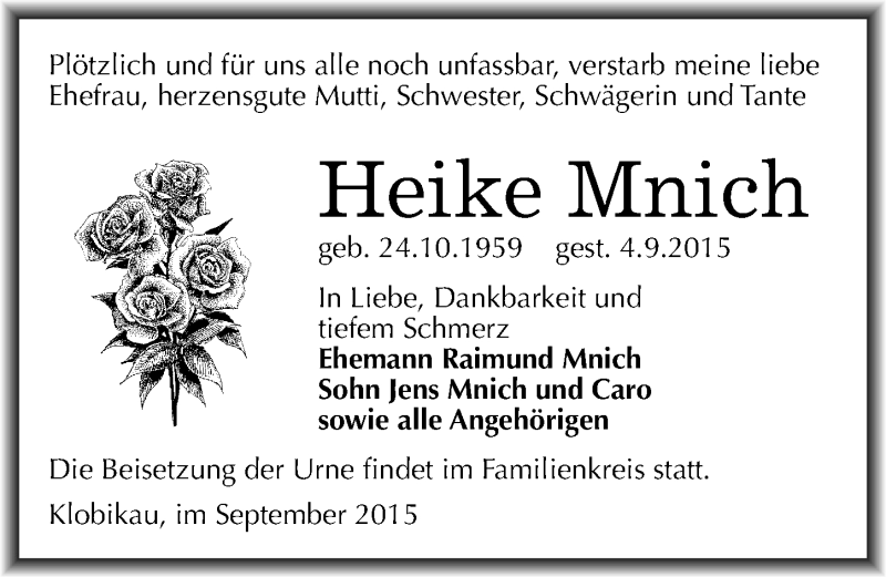  Traueranzeige für Heike Mnich vom 09.09.2015 aus Mitteldeutsche Zeitung Merseburg/Querfurt