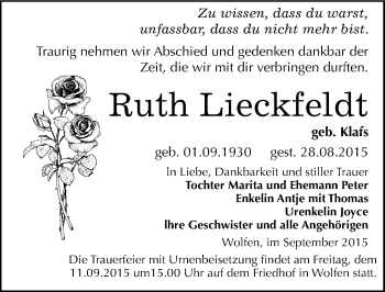 Traueranzeige von Ruth Lieckfeldt von Mitteldeutsche Zeitung Bitterfeld