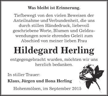Traueranzeige von Hildegard Herling von WVG - Wochenspiegel NMB / WSF / ZTZ