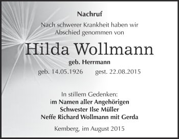 Traueranzeige von Hilda Wollmann von Super Sonntag Wittenberg