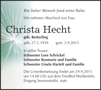 Traueranzeige von Christa Hecht von WVG - Wochenspiegel NMB / WSF / ZTZ