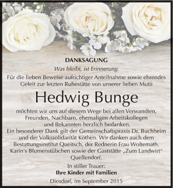 Traueranzeige von Hedwig Bunge von Mitteldeutsche Zeitung Köthen
